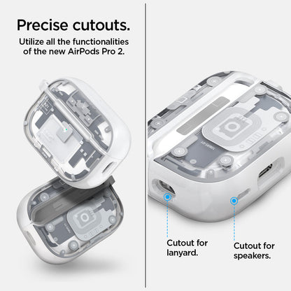 ACS07423 - AirPods Pro 2 Ultra Hybrid Zero One (MagFit) in Zero One White showing the precise cutouts. Utilize all the functionalities of the new AirPods Pro 2. It has cutout for lanyard and cutout for speakers