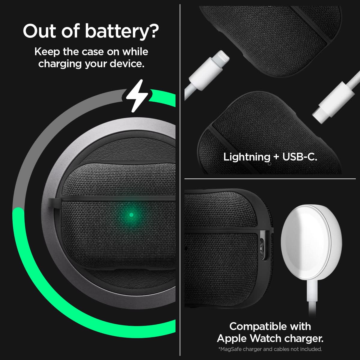 ACS05483 - Apple AirPods Pro 2 Case Urban Fit in black showing keeping the case on while charging your device. Lightning + USB-C, compatible with Apple Watch charger