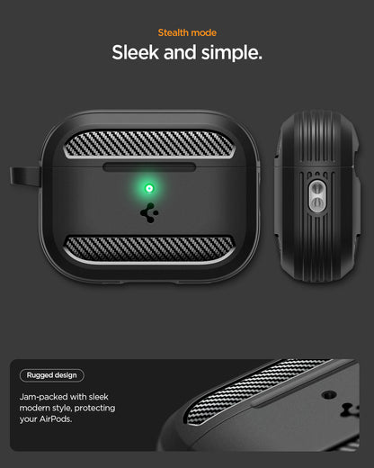 ACS09822 - AirPods Pro 3 Rugged Armor in Matte Black showing stealth mode. Sleek and simple. jam packed with leek modern style, protecting your airpods
