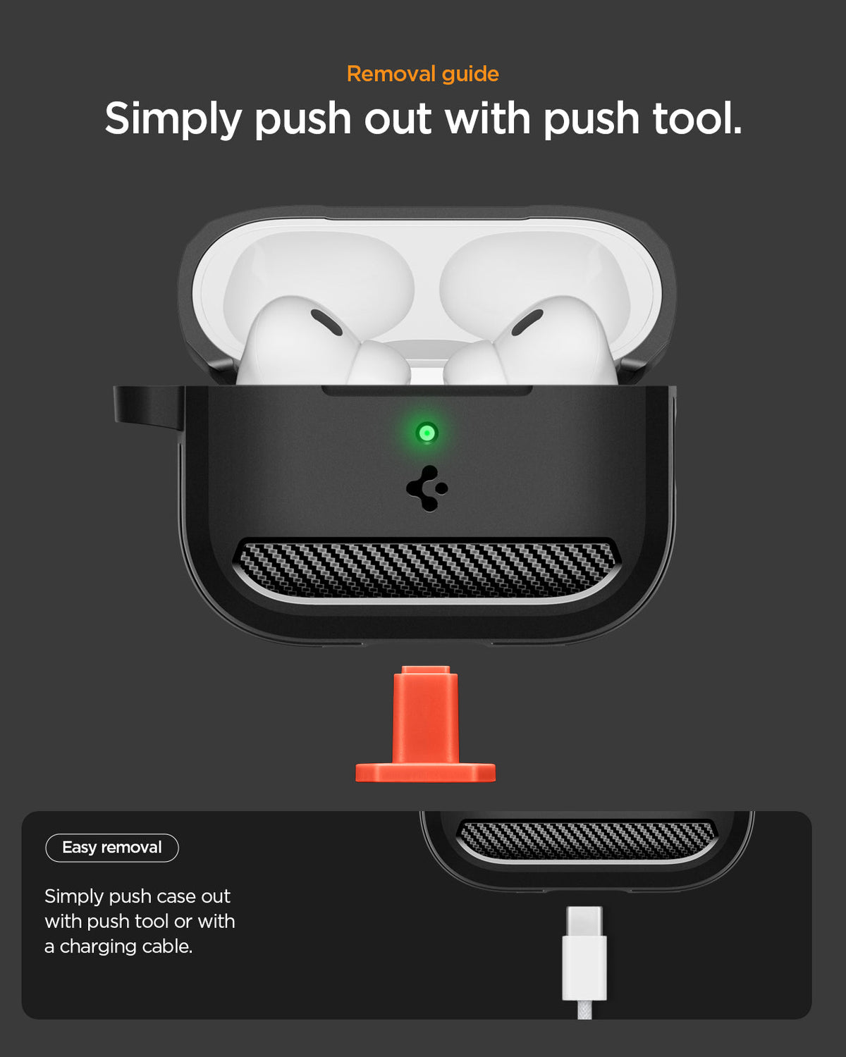 ACS09822 - AirPods Pro 3 Rugged Armor in Matte Black showing removal guide. simply push out with usb-c
