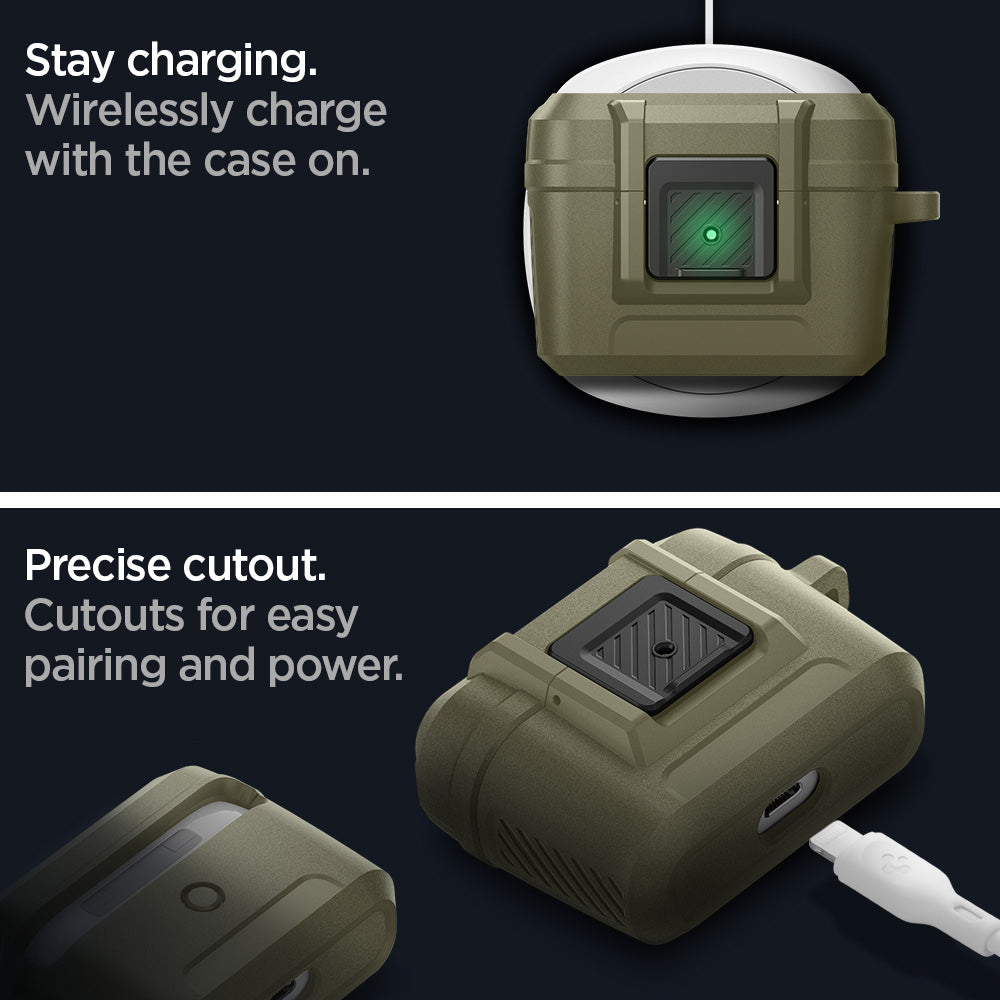 ACS05910 - Apple AirPods Pro Case Lock Fit in vintage khaki showing stay charging. Wirelessly charge with the case on. Precise cutout. Cutouts for easy pairing and power