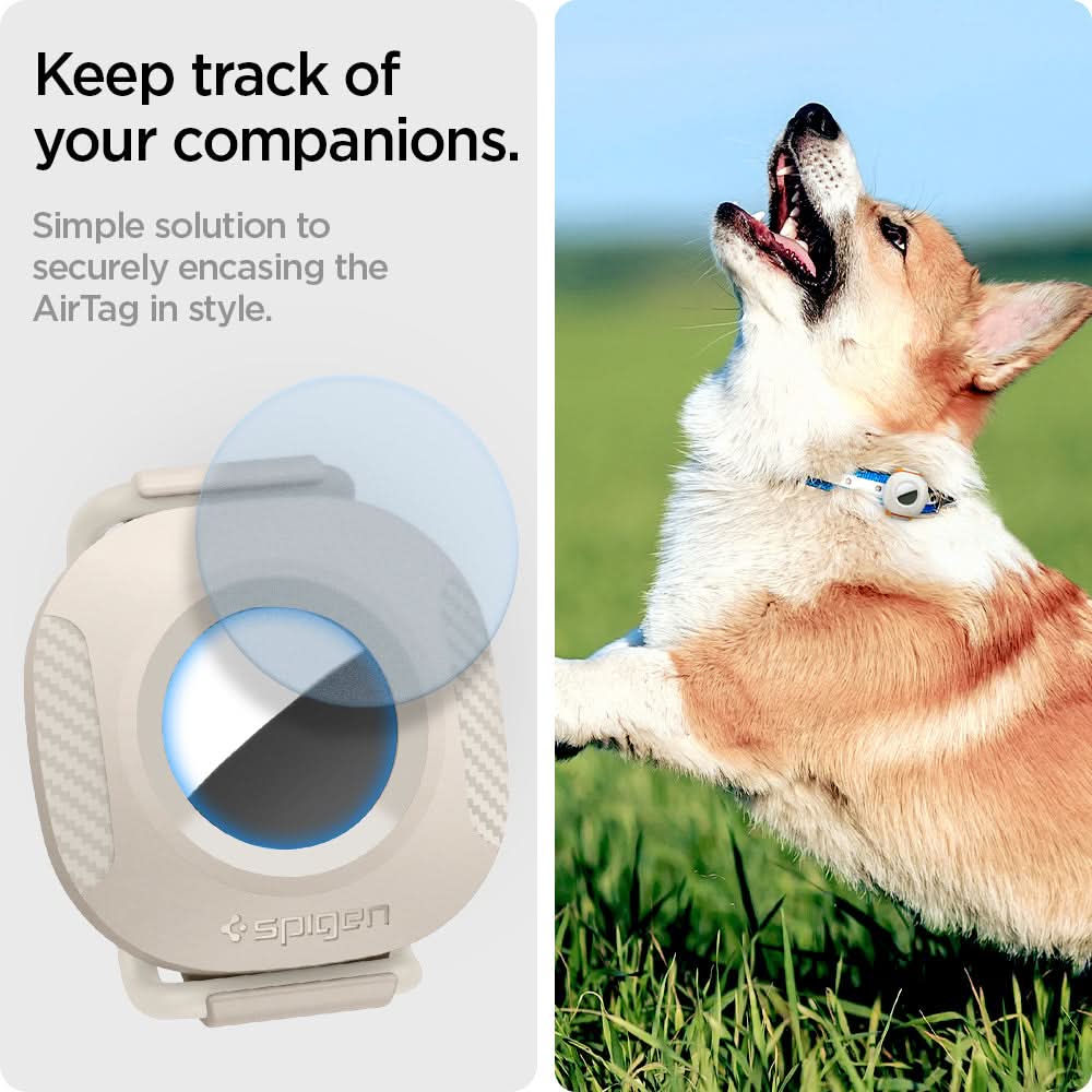 AHP03632 - Apple AirTag Pet Collar ComforTag in cream showing the simple solution to securely encasing the AirTag in style