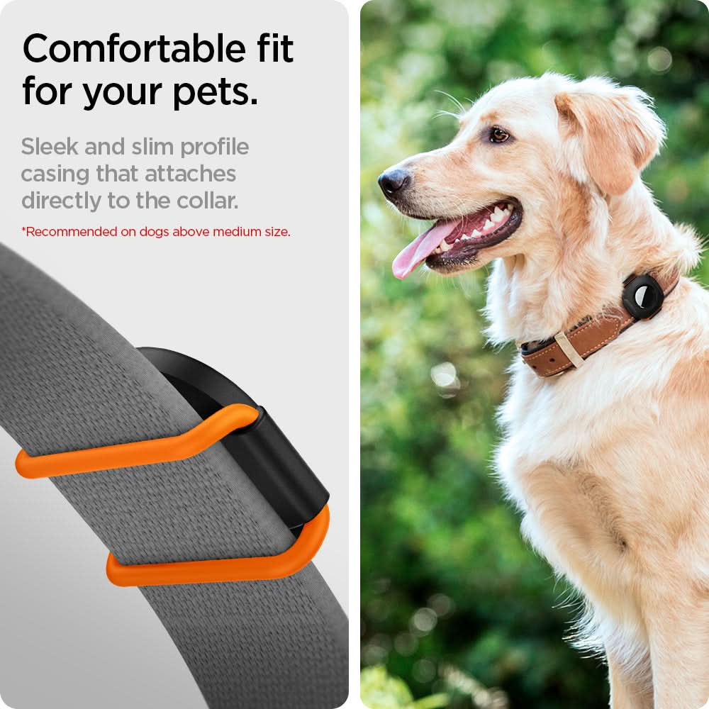AHP03106 - Apple AirTag Pet Collar ComforTag in black showing the comfortable fit for your pets. Sleek and slim profile casing that attaches directly to the collar