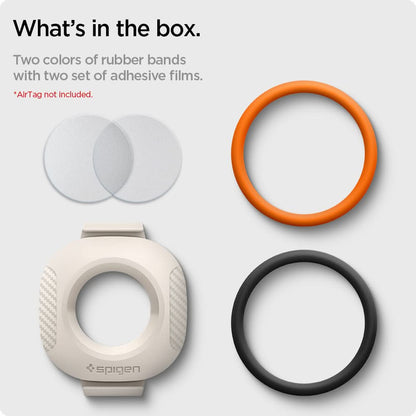 AHP03632 - Apple AirTag Pet Collar ComforTag in cream showing what's in the box. Two colors of rubber bands with two set of adhesive films