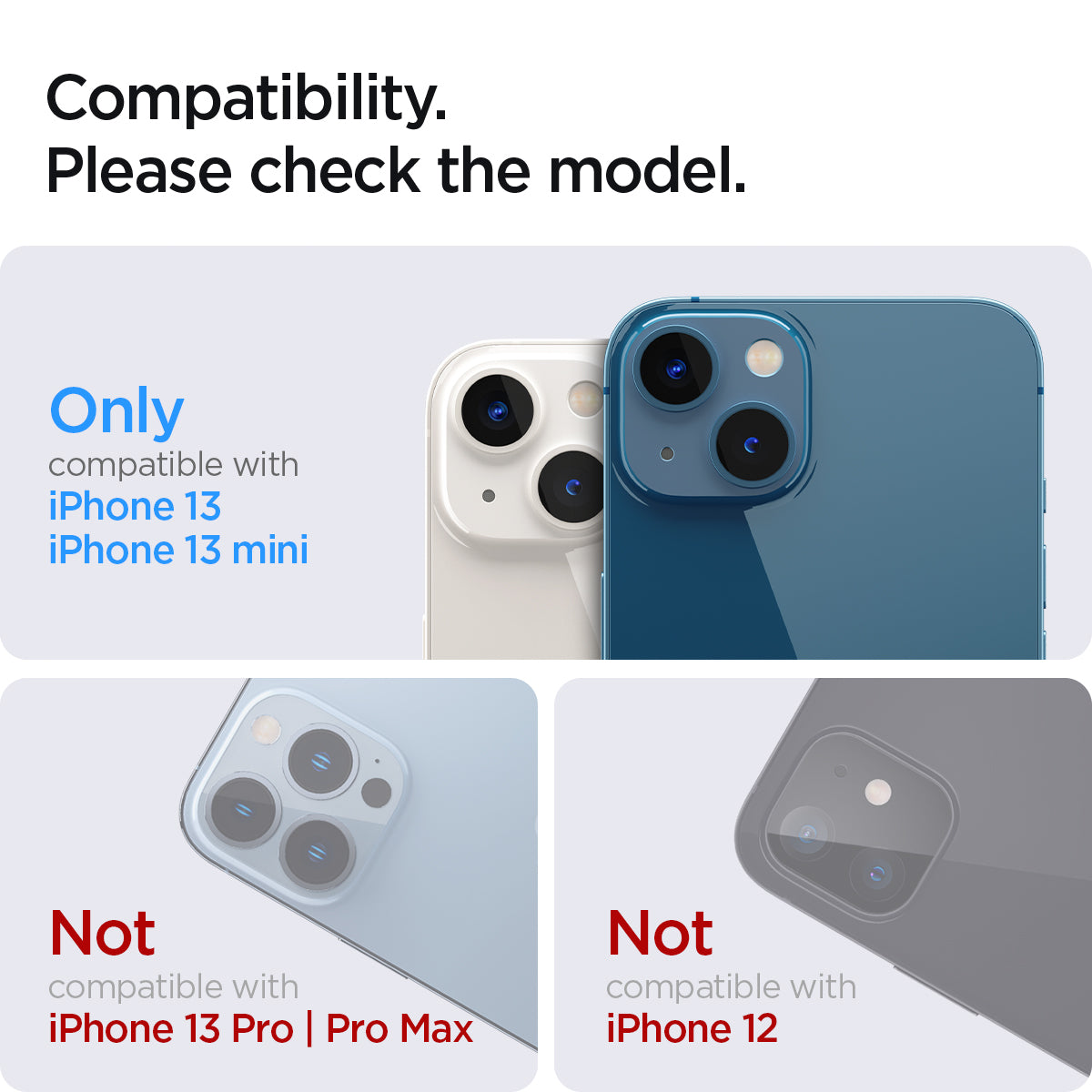AGL04037 - iPhone 13 Mini / iPhone 13 Optik Lens Protector in blue showing compatibility. Please check the model. Only compatible with iPhone 13, 13 mini . Not compatible with iPhone 13 pro and iPhone 13 pro max. Not compatible with iPhone 12