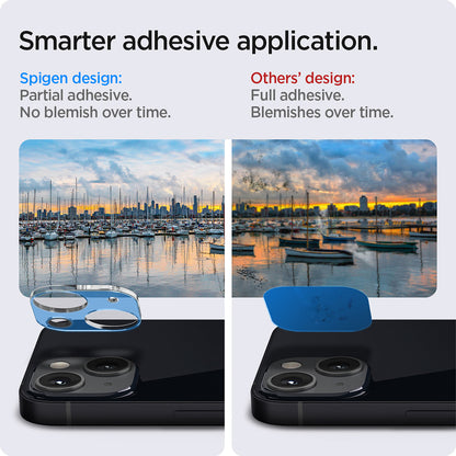 AGL04105 - iPhone 13 Mini / iPhone 13 Optik Lens Protector in crystal clear showing smarter adhesive application. Spigen design partial adhesive. No blemish over time. Other's design full adhesive over time.