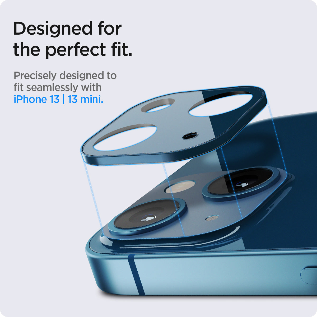 AGL04037 - iPhone 13 Mini / iPhone 13 Optik Lens Protector in blue showing designed for the perfect fit. Precisely designed to fit seamlessly with iPhone 13 and 13 mini