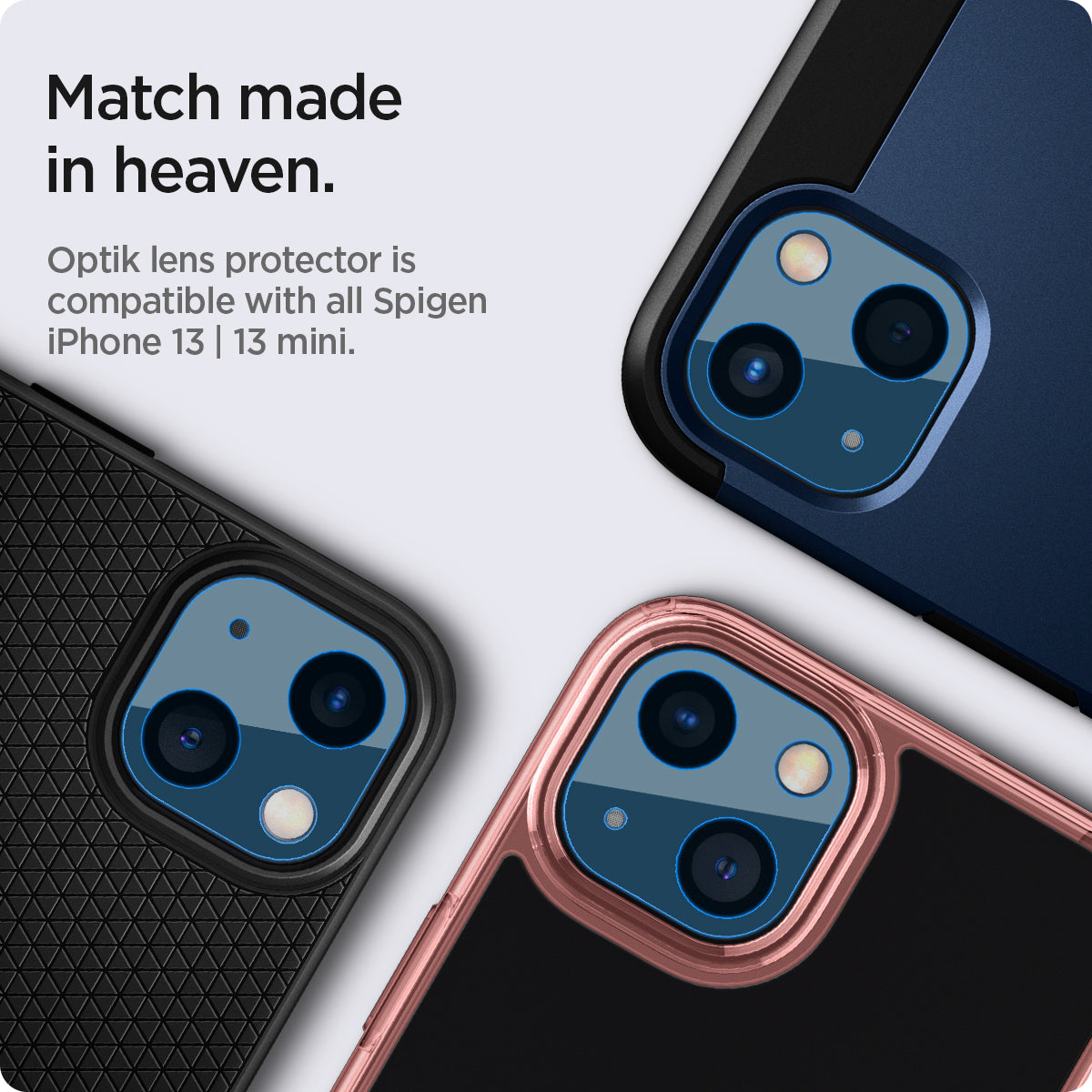 AGL04037 - iPhone 13 Mini / iPhone 13 Optik Lens Protector in blue showing match made in heaven. Optik lens protectors is compatible with all spigen iPhone 13 and 13 mini max cases.