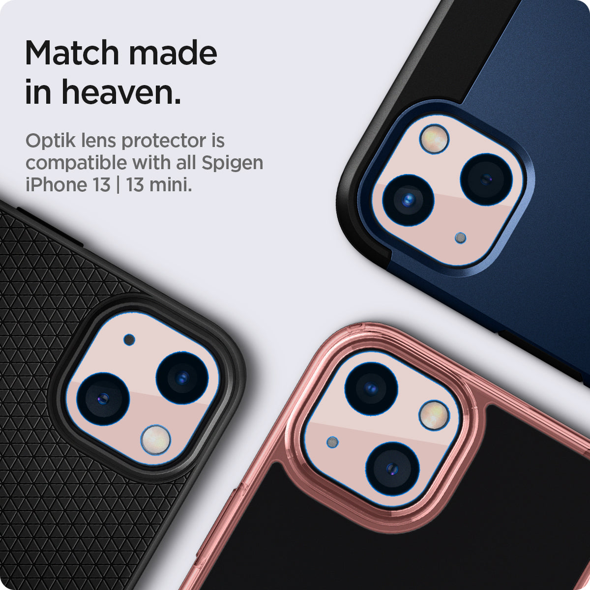 AGL04036 - iPhone 13 Mini / iPhone 13 Optik Lens Protector in pink showing match made in heaven. Optik lens protectors is compatible with all spigen iPhone 13 and 13 mini max cases.
