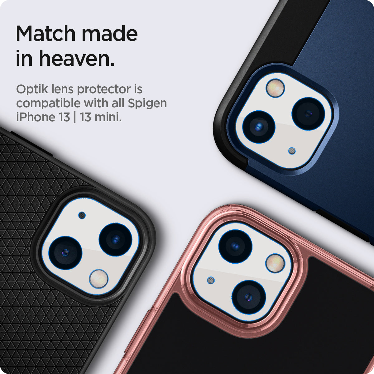 AGL04038 - iPhone 13 Mini / iPhone 13 Optik Lens Protector in starlight showing match made in heaven. Optik lens protectors is compatible with all spigen iPhone 13 and 13 mini max cases.
