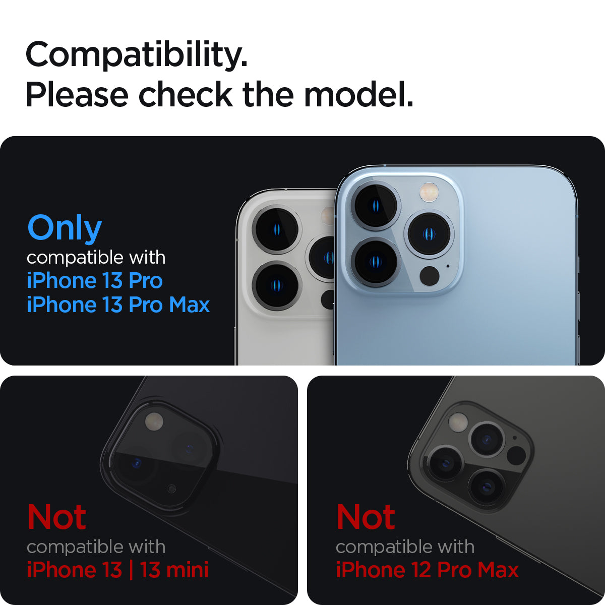AGL03381 - iPhone 13 Pro Max / iPhone 13 Pro Optik Lens Protector in black showing compatibility. Please check the model. Only compatible with iPhone 13 pro and iPhone 13 pro max. Not compatible with iPhone 13, 13 mini. Not compatible with iPhone 12 pro max.