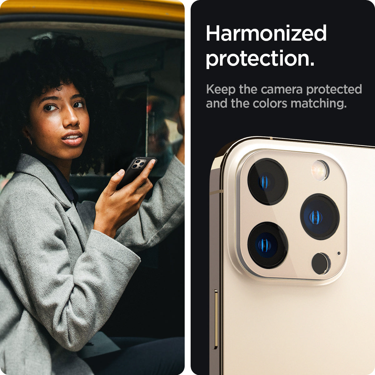 AGL04034 - iPhone 13 Pro Max / iPhone 13 Pro Optik Lens Protector in gold showing hamonized protection. Keep the camera protected and the colors matching