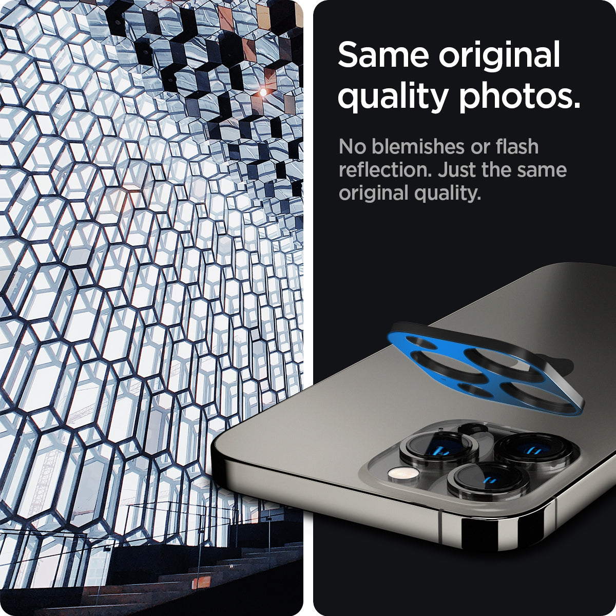 AGL03381 - iPhone 13 Pro Max / iPhone 13 Pro Optik Lens Protector in black showing same original quality photos. No blemishes or flash reflection. Just the same original quality.