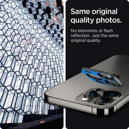 AGL04035 - iPhone 13 Pro Max / iPhone 13 Pro Optik Lens Protector in graphite showing same original quality photos. No blemishes or flash reflection. Just the same original quality.