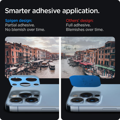 AGL04032 - iPhone 13 Pro Max / iPhone 13 Pro Optik Lens Protector in sierra blue showing smarter adhesive application. Spigen design partial adhesive. No blemish over time. Other's design full adhesive over time.