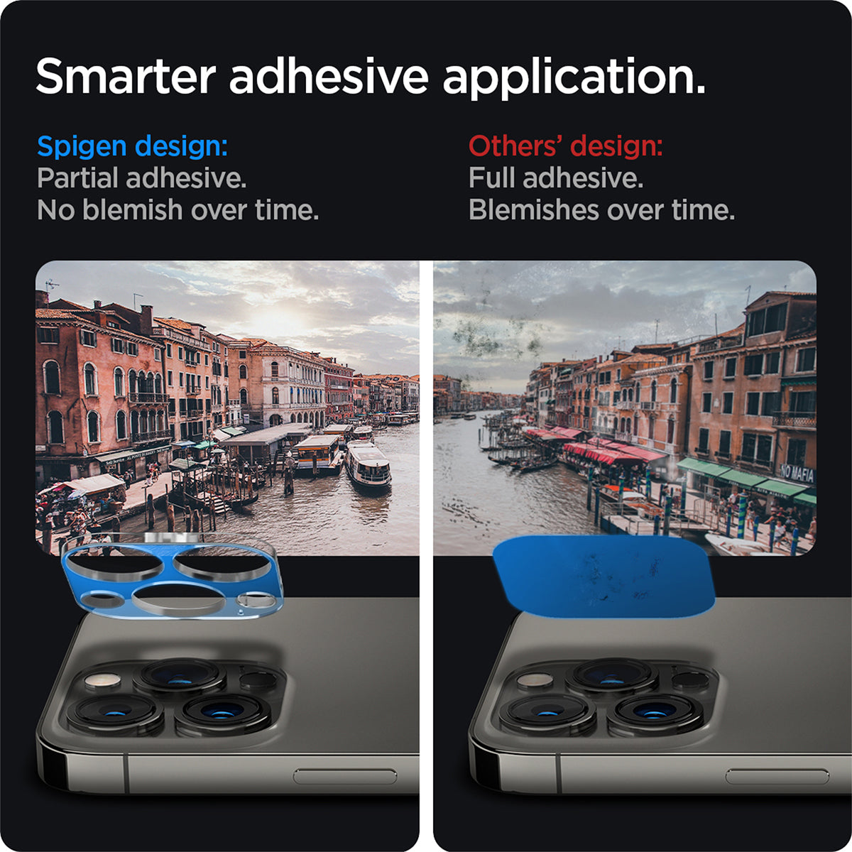 AGL04104 - iPhone 13 Pro Max / iPhone 13 Pro Optik Lens Protector in crystal clear showing smarter adhesive application. Spigen design partial adhesive. No blemish over time. Other's design full adhesive over time.