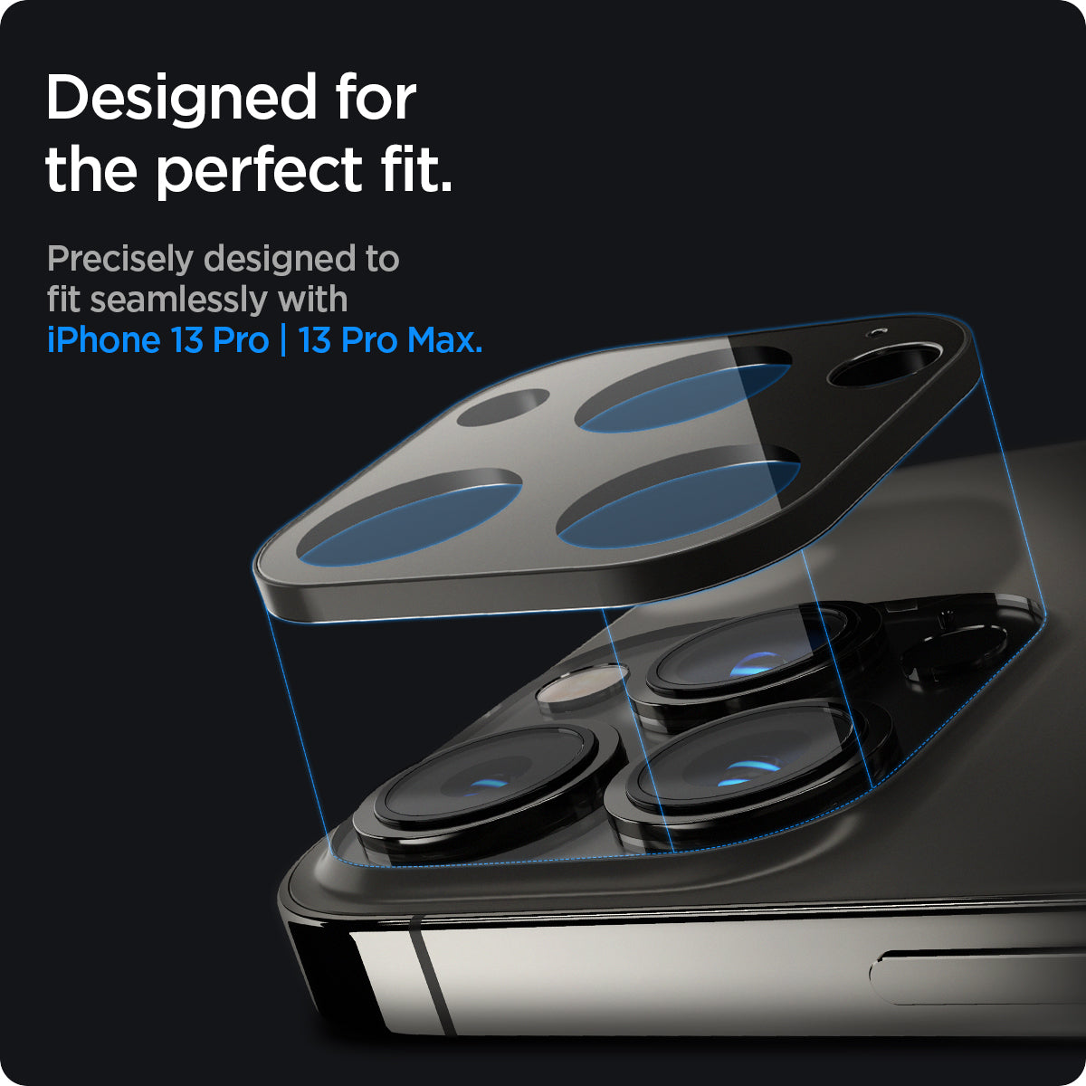 AGL04035 - iPhone 13 Pro Max / iPhone 13 Pro Optik Lens Protector in graphite showing designed for the perfect fit. Precisely designed to fit seamlessly with iPhone 13 pro and 13 pro max