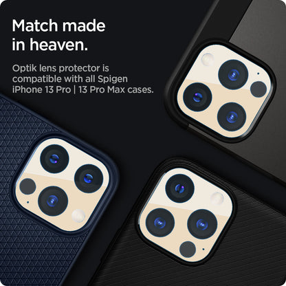AGL04034 - iPhone 13 Pro Max / iPhone 13 Pro Optik Lens Protector in gold showing match made in heaven. Optik lens protectors is compatible with all spigen iPhone 13 pro and 13 pro max cases.