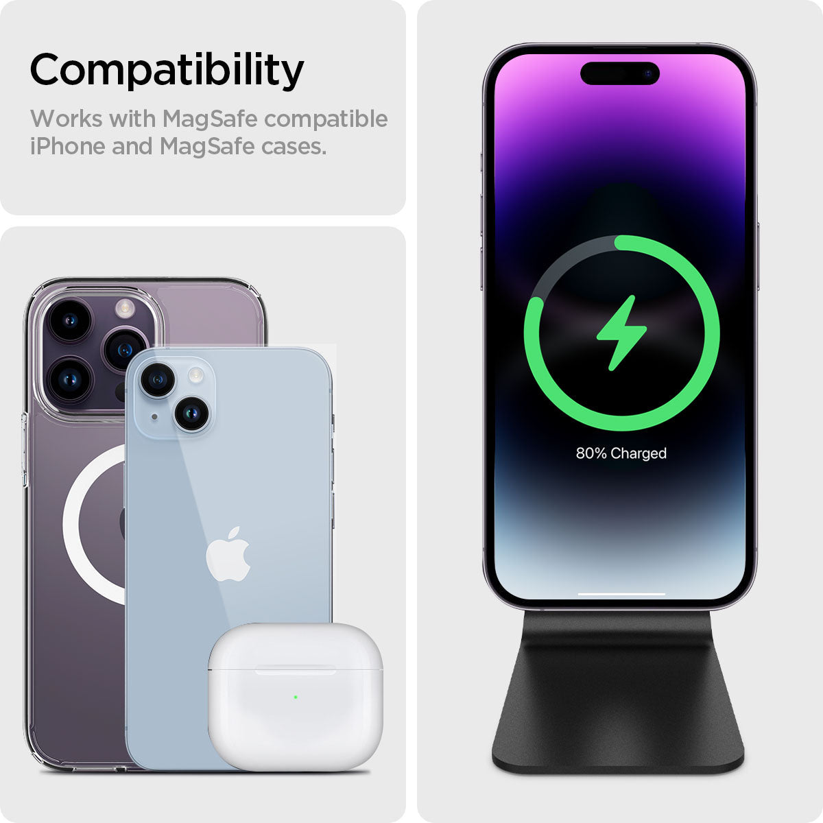 ACH02574 - OneTap Pro Wireless Magnetic Charging Stand (MagFit) in black showing the compatibility. Works with MagSafe compatible iPhone and MagSafe cases