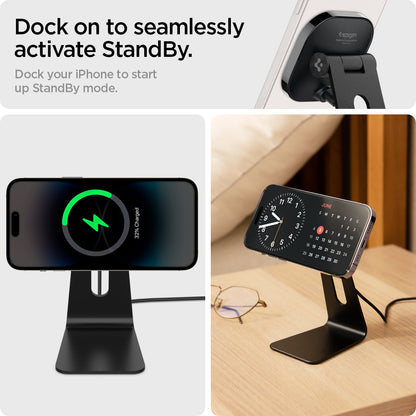 ACH02574 - OneTap Pro Wireless Magnetic Charging Stand (MagFit) in black showing the dock on to seamlessly activate standby. Dock your iPhone to start up and standby mode