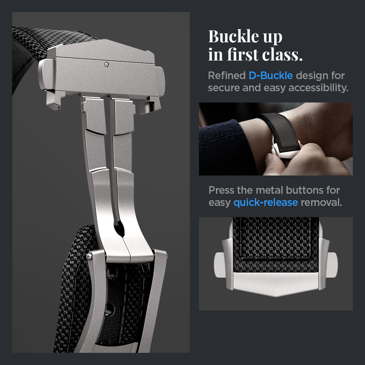 AMP09304 - Apple Watch Ultra (49mm) Classic Fit in Black refined D-buckle design for secure and easy accessibility. Press the metal buttons for easy quick release removal.