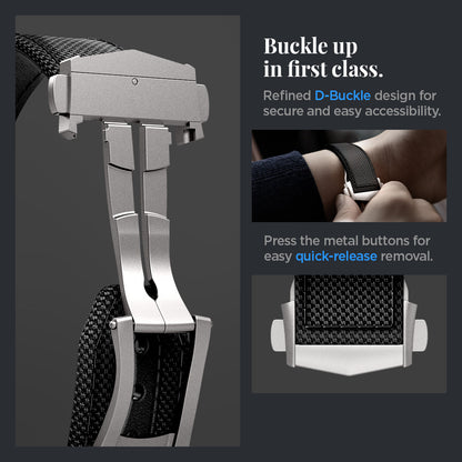 AMP09304 - Apple Watch Ultra (49mm) Classic Fit in Black refined D-buckle design for secure and easy accessibility. Press the metal buttons for easy quick release removal.