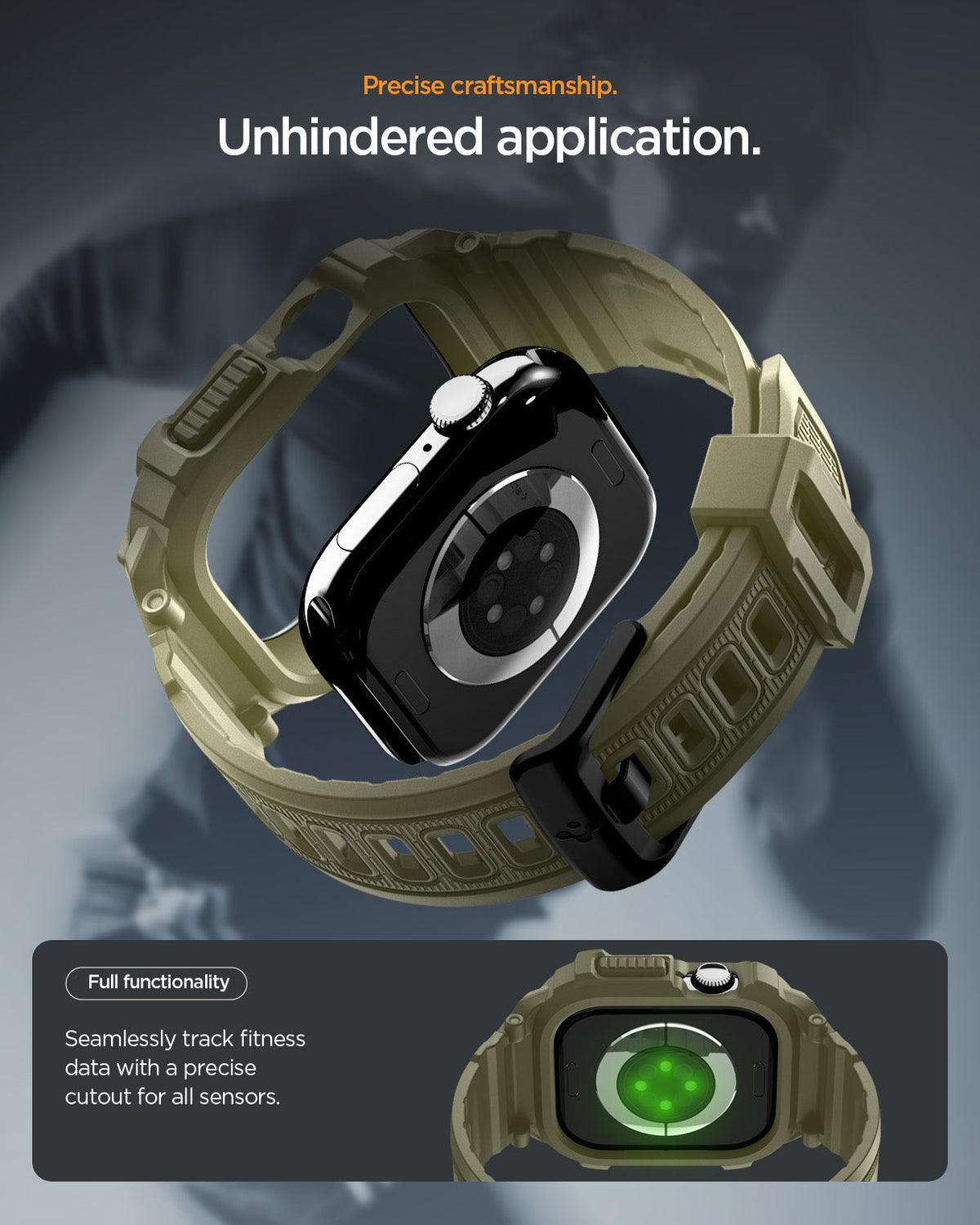 ACS10507 - Apple Watch 10/11 (46mm) Rugged Armor Pro 2 in Vintage Khaki showing precise craftsmanship. unhindered application