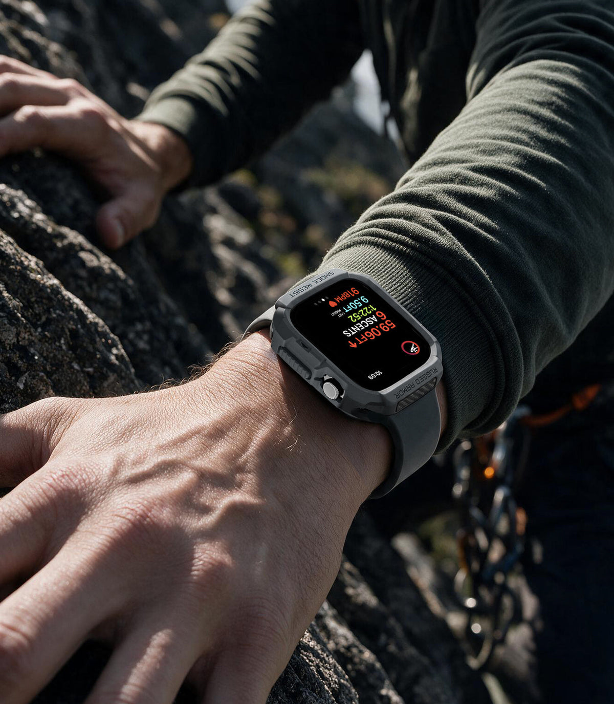ACS11887 - Apple Watch Series 12 (46mm) Case Rugged Armor in Dark Gray showing the rugged protective case worn during an outdoor climbing activity