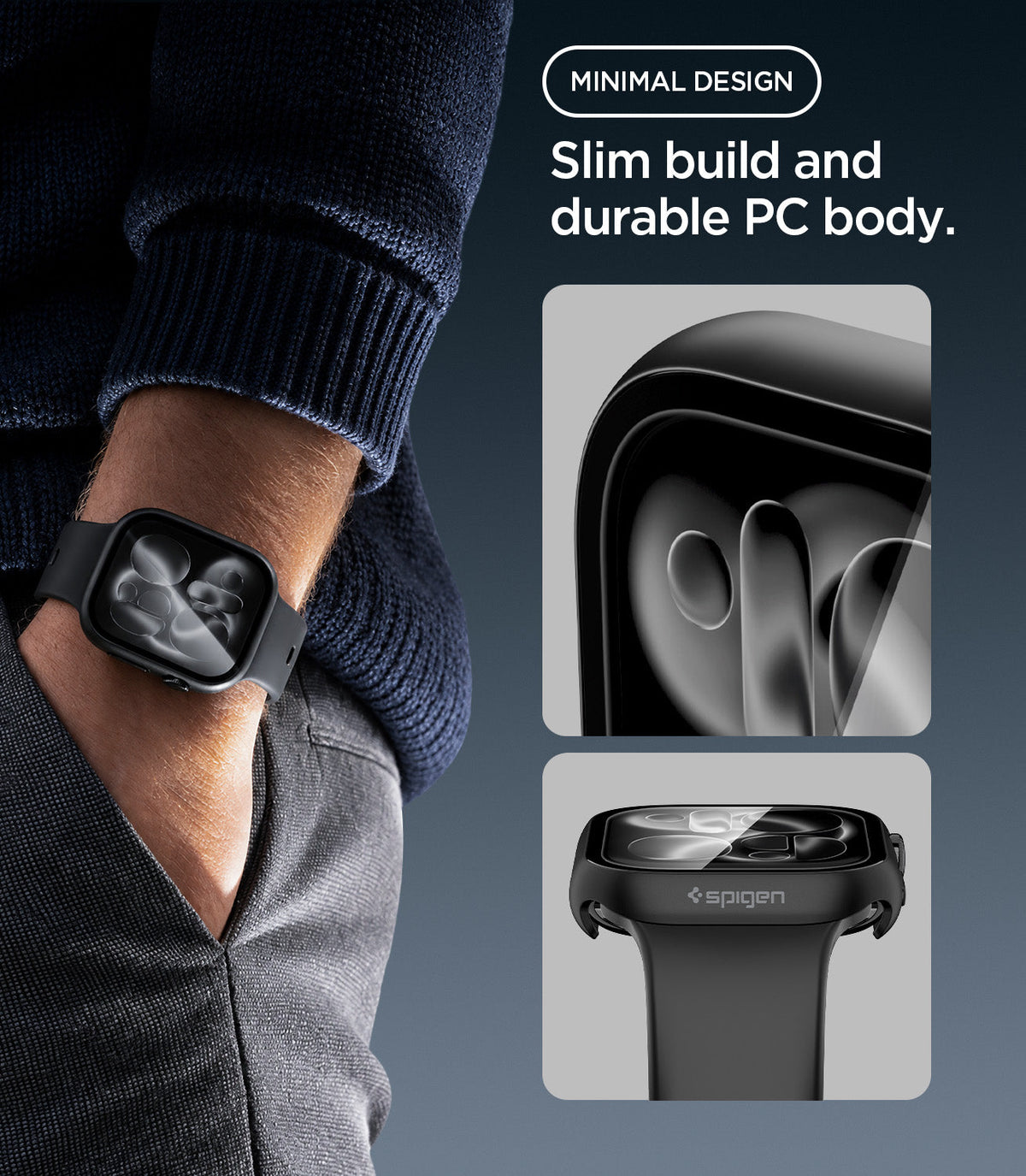 ACS11882 - Man wearing the Spigen Apple Watch case with hand in pocket, alongside close-up insets of the case's slim bezel and Spigen logo on the band
