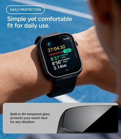 ACS11882 - Person wearing the Spigen Apple Watch case while running on a track, showing workout stats on screen, with an inset of the built-in 9H tempered glass