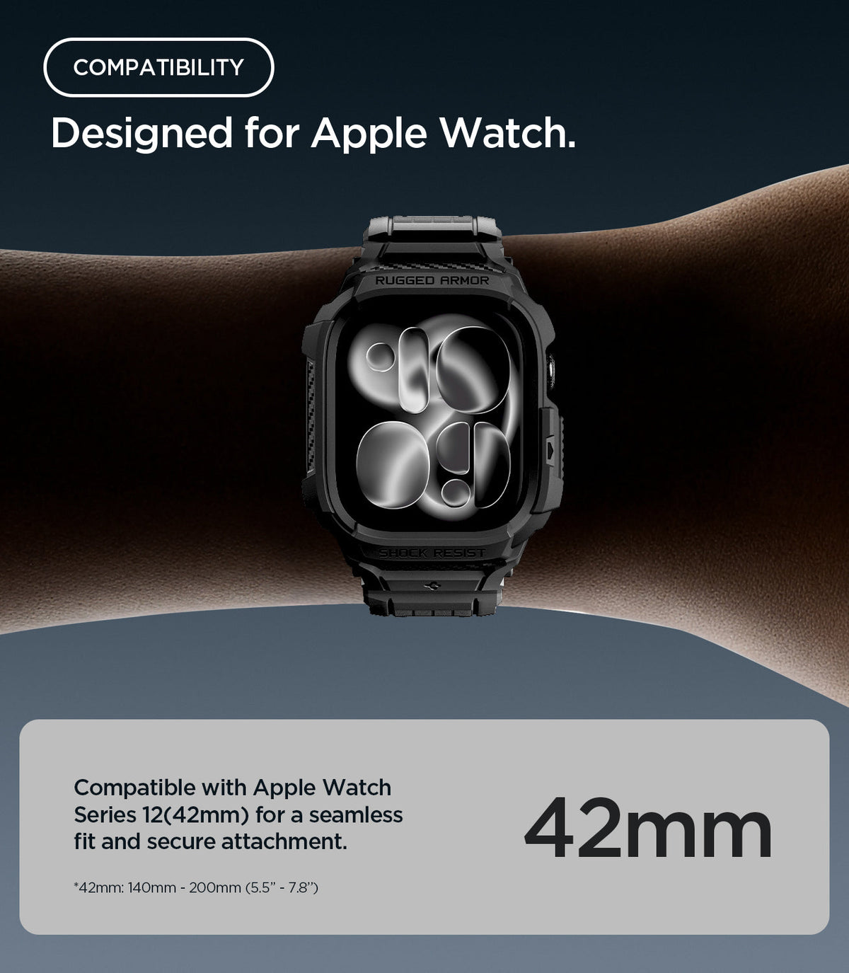 ACS11883 - Apple Watch Series 12(42mm) Case Rugged Armor Pro in Matte Black showing compatibility with the 42mm size for a seamless fit and secure attachment