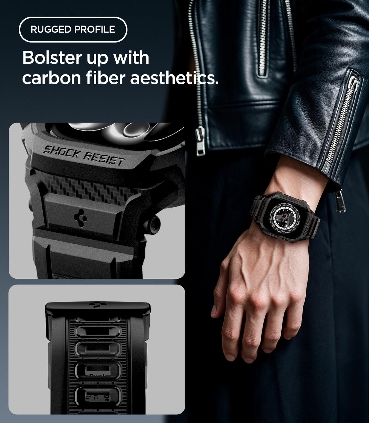 ACS11894 - Apple Watch Series 12 (46mm) Case Rugged Armor Pro in Matte Black showing carbon fiber inspired detailing and reinforced elements for a rugged profile