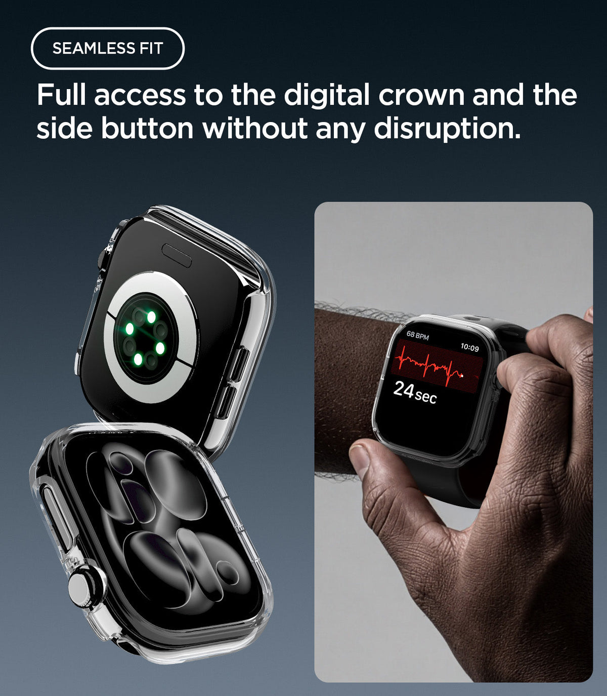 ACS11891 - Apple Watch Series 12(46mm) Case Thin Fit in Crystal Clear showing precise access to the crown and side button for seamless operation