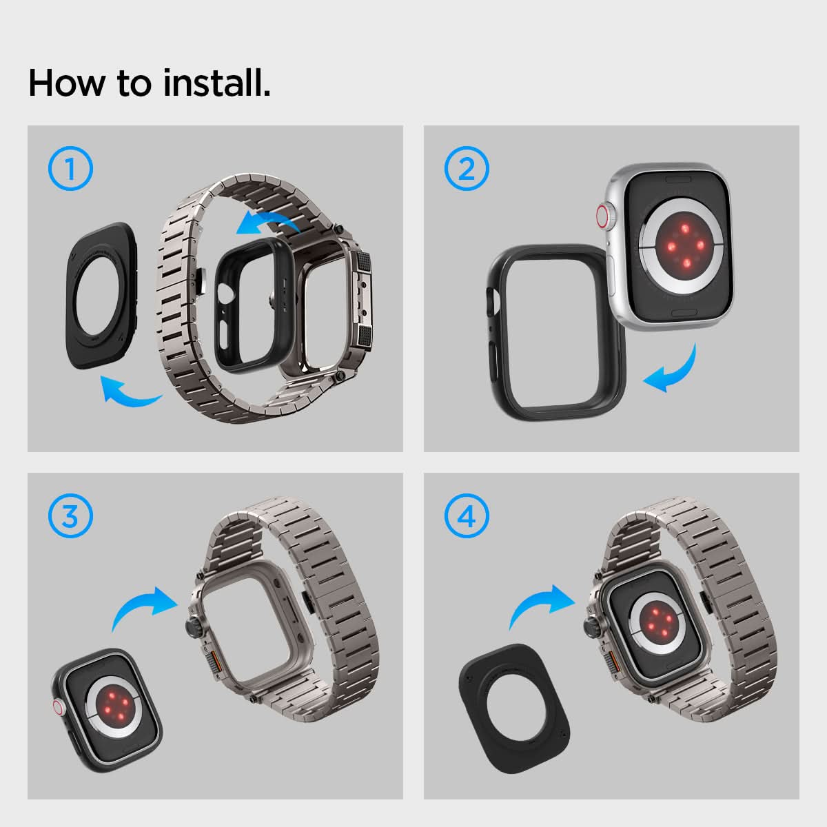 ACS07660 - Apple Watch (45mm) Case Metal Armor Pro in Gunmetal showing how to install. Showing 4 steps