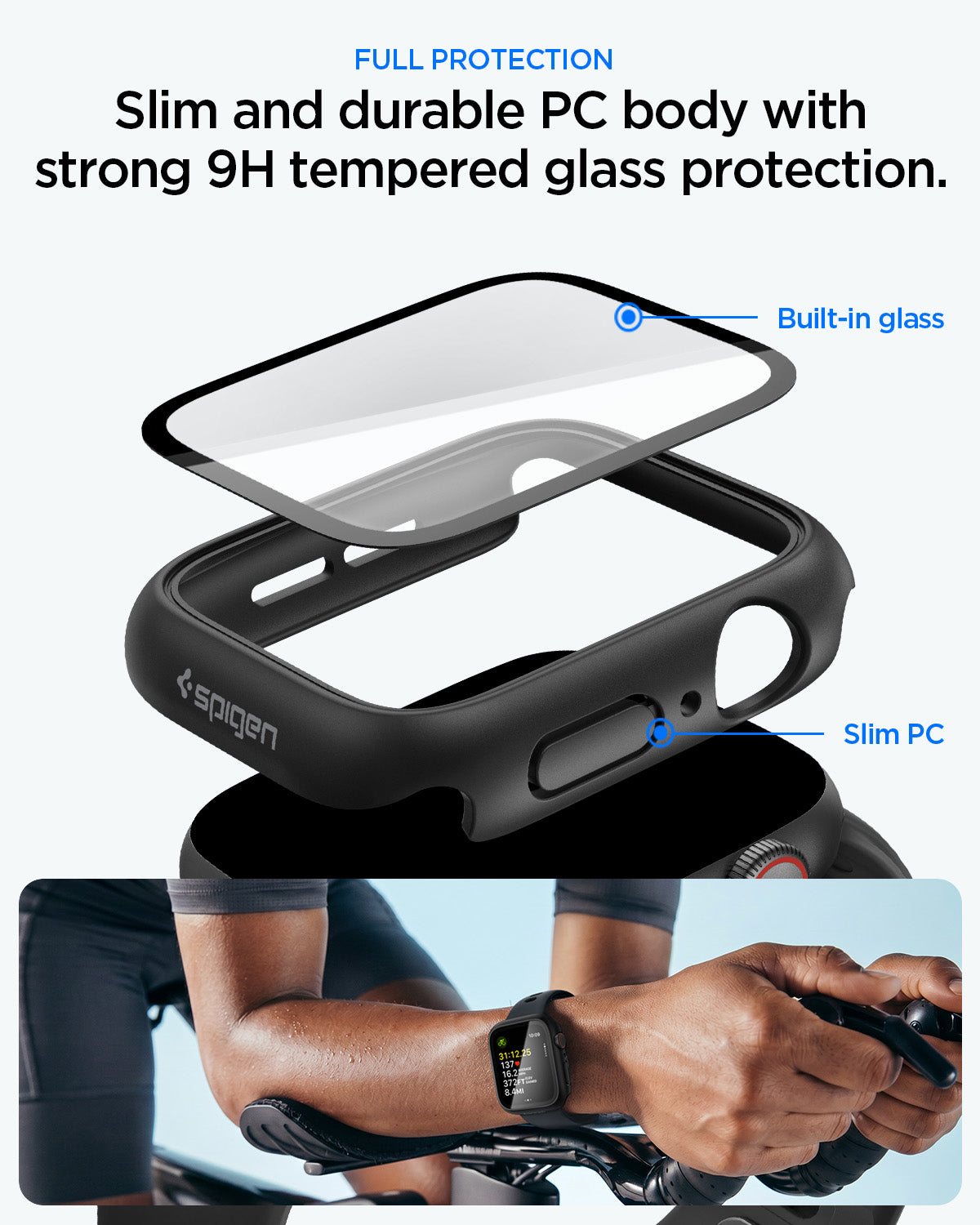 ACS11593 - Spigen Thin Fit 360 for Apple Watch SE3 40mm with slim PC frame and built-in 9H tempered glass