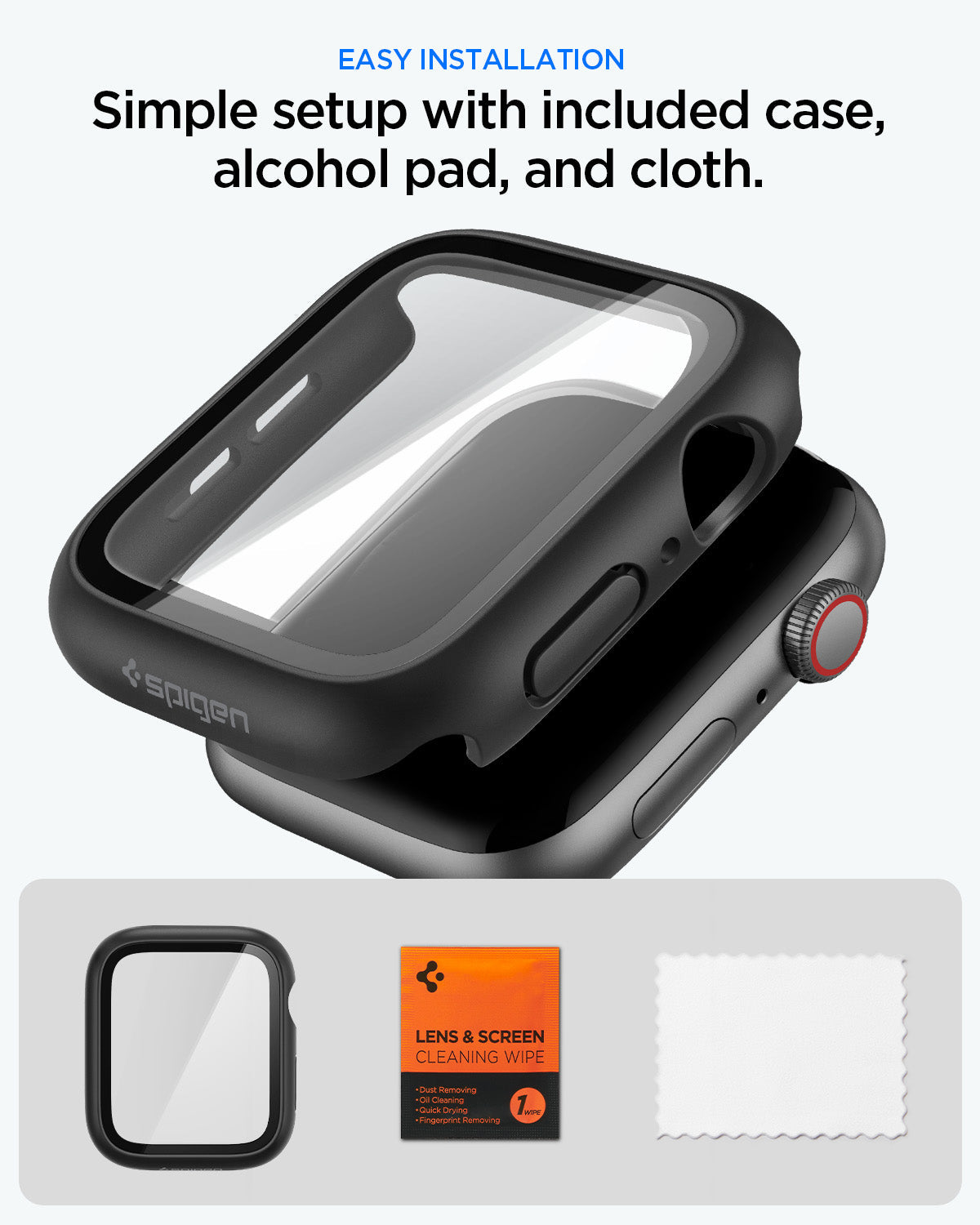 ACS11593 - Spigen Thin Fit 360 Apple Watch SE3 40mm case with included alcohol wipe and microfiber cloth