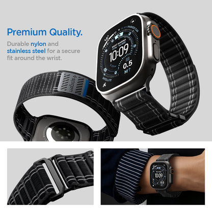 AMP10141 - Apple Watch Ultra (49mm) WBF0 in Black showing the premium quality. Durable nylon and stainless steel for a secure fit around the wrist