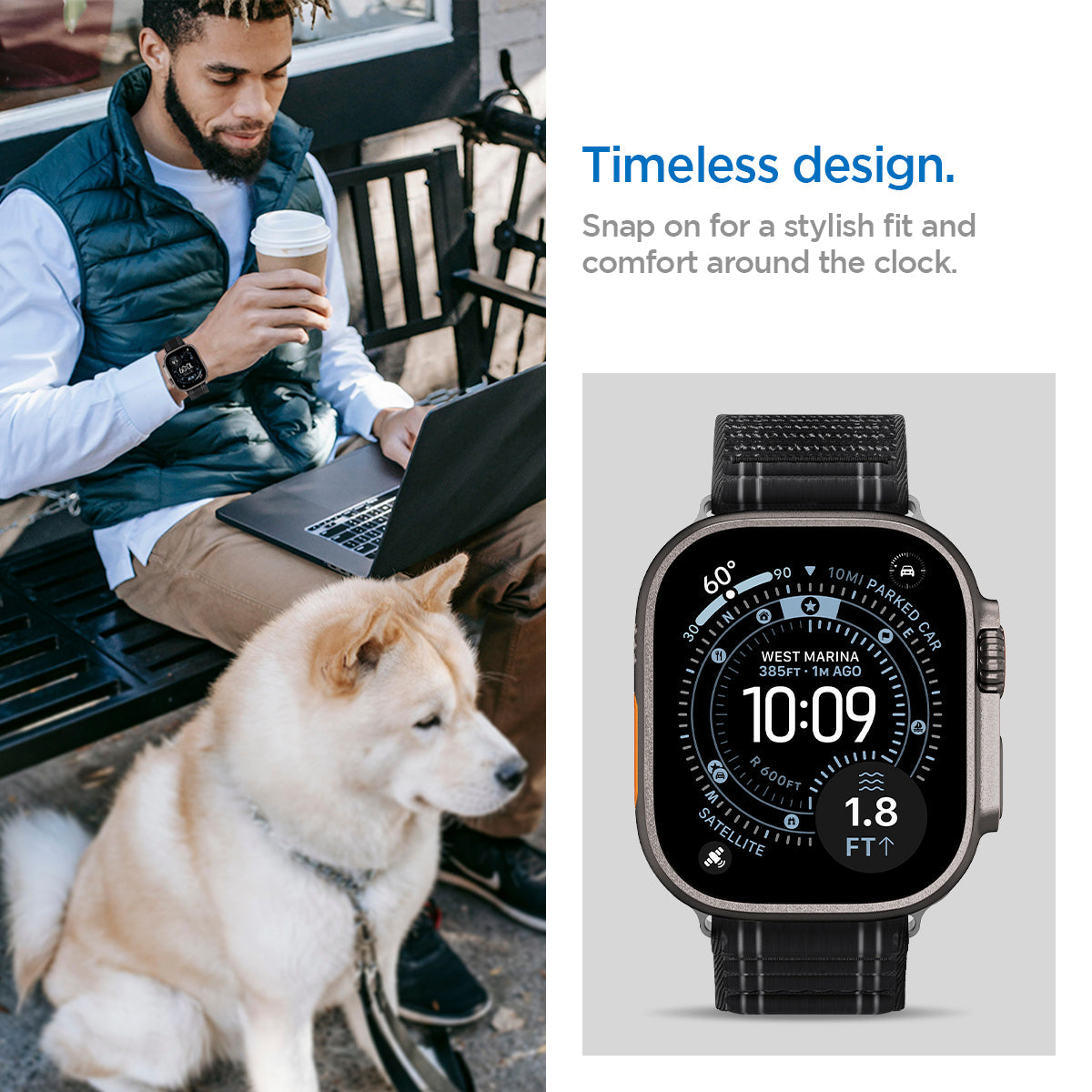 AMP10141 - Apple Watch Ultra (49mm) WBF0 in Black showing the timeless design. Snap on for a stylish fit and comfort around the clock