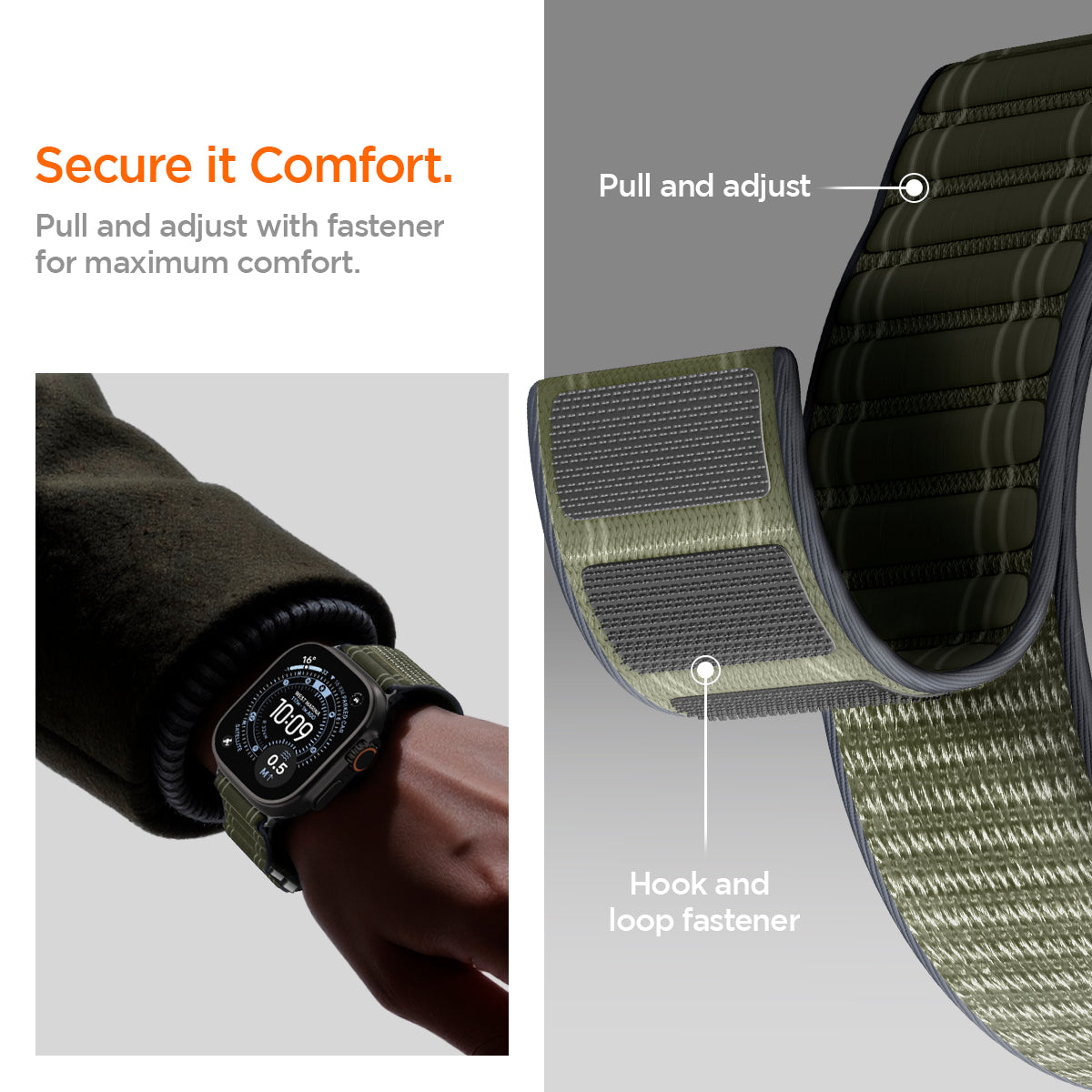 AMP10142 - Apple Watch 10/11 (46mm) WBF0 in Green showing the secure it to comfort. Pull and adjust with fastener for maximum comfort