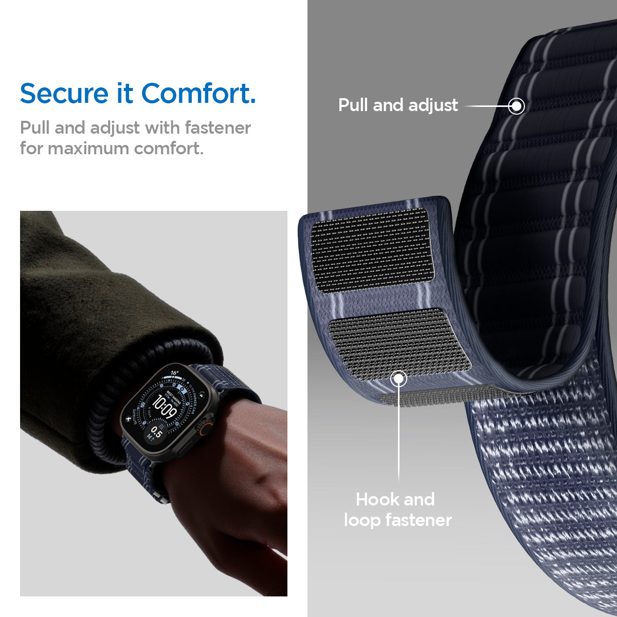 AMP10143 - Apple Watch 10/11 (46mm) WBF0 in Navy showing the secure it to comfort. Pull and adjust with fastener for maximum comfort
