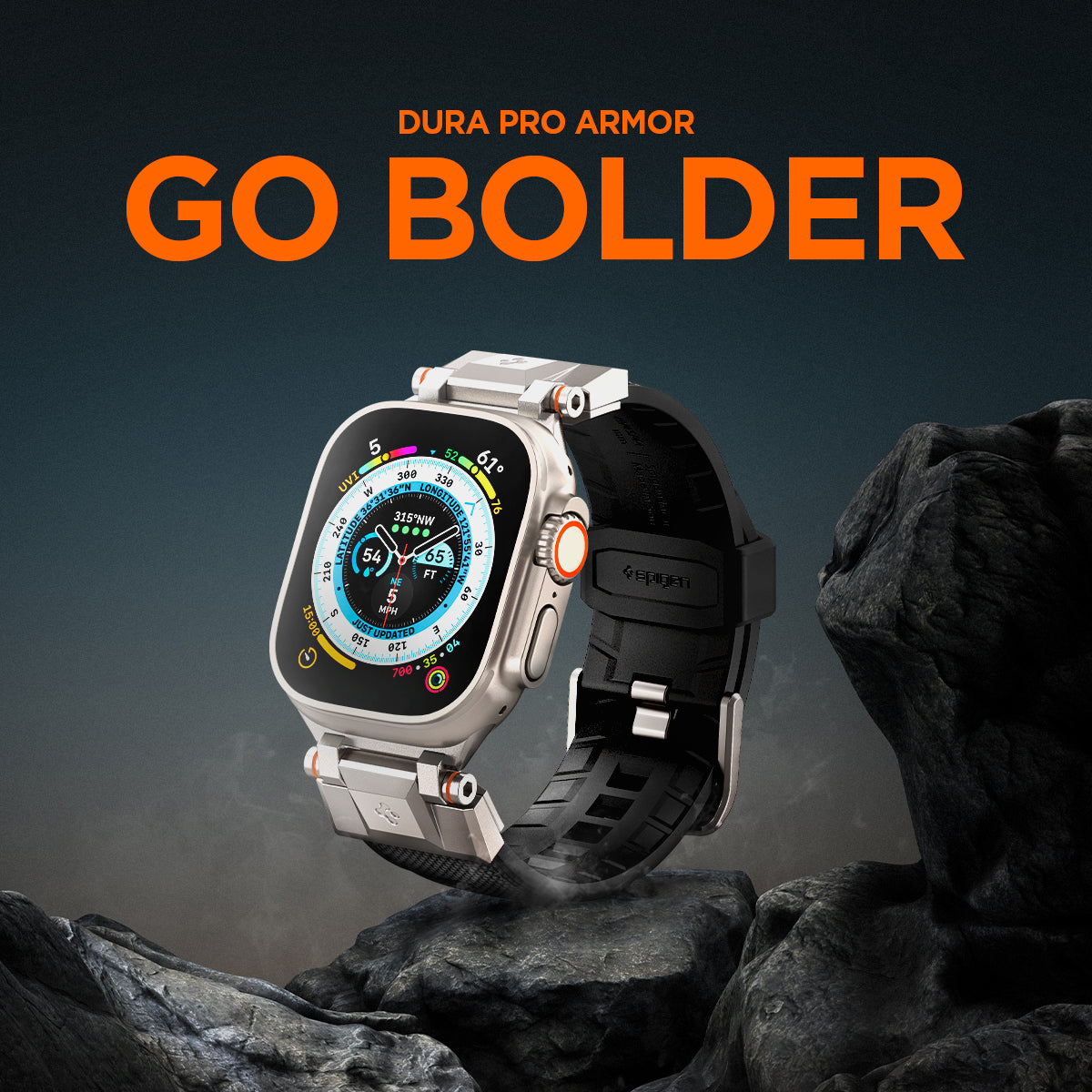 AMP06065 - Apple Watch Series DuraPro Armor Watch Band showing clock in the top of the mountain and Go bolder.