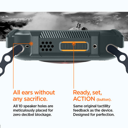 ACS07383 - Apple Watch (49mm) Rugged Armor in Abyss Green has all 10 speaker holes are meticulously placed for zero decibel blockage. All ears without any sacrifice. Also has Ready, set action button. Same original tactility feedback as the device. Designed for perfection.