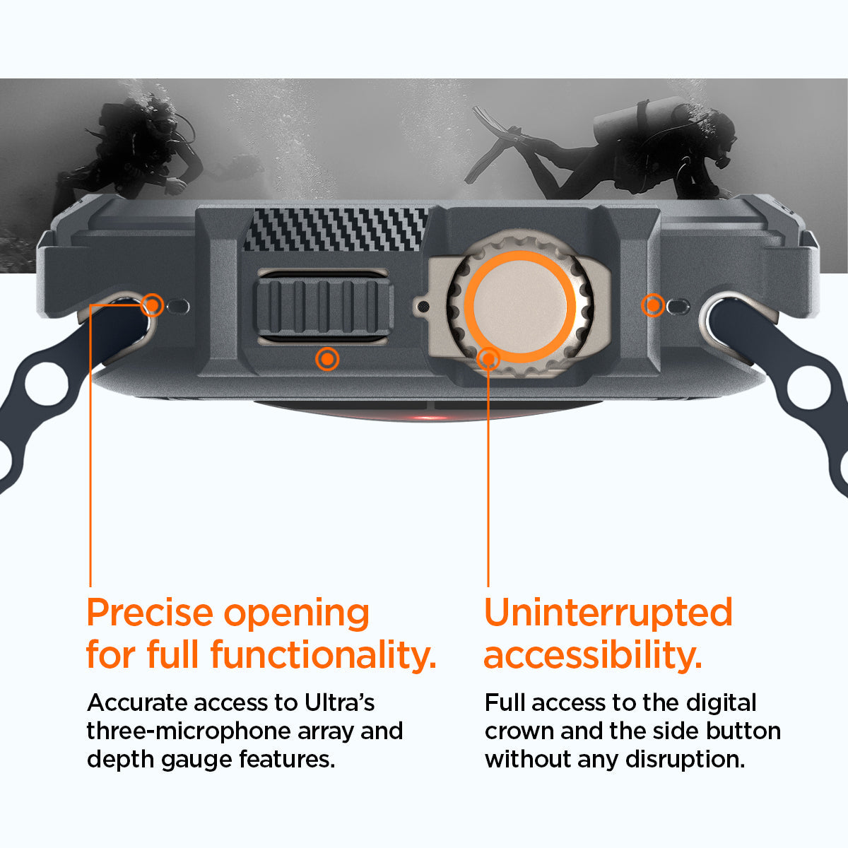 ACS07385 - Apple Watch (49mm) Rugged Armor in Dark Gray showing precise opening for full functionality. Accurate access to Ultra's three-microphone array and depth gauge features. Uninterrupted accessibility. Full access to the digital crown and the side button without any disruption.