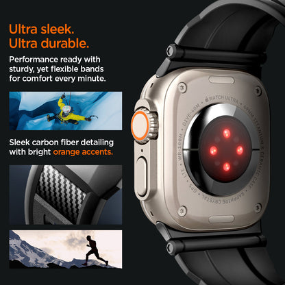 AMP02854 - Apple Watch Series Rugged Band in Matte Black showing ultra sleek, ultra durable. performance ready with sturdy yet flexible bands for comfort every minute. sleek carbon fiber detailing with bright orange accents