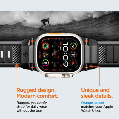 AMP02854 - Apple Watch Series Rugged Band in Matte Black showing rugged design. modern comfort. rugged yet comfy strap for daily wear without the tear. unique and sleek details. orange accent matches your apple watch ultra