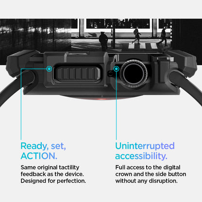 ACS08585 - Apple Watch 10 (42mm) Case Rugged Armor in Matte Black Same original tactility feedback as the device designed for perfection. Showing Ready, set, Action. Uninterrupted accessibility. Full access to the digital crown and the side button without any disruption.