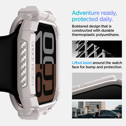 ACS08587 - Apple Watch 10 (42mm) Case Rugged Armor in Dune Beige adventure ready, protected daily. Bolstered design that is constructed with durable thermoplastic polyurethane. Lifted bezel around the watch face for bump protection.