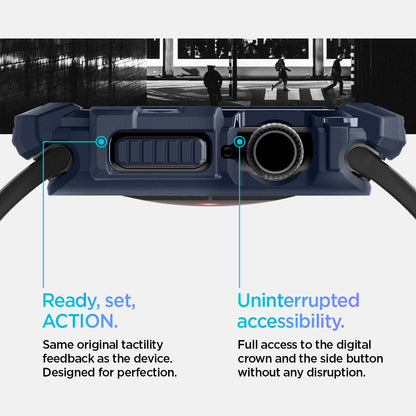 ACS08586 - Apple Watch 10 (42mm) Case Rugged Armor in Navy Blue Same original tactility feedback as the device designed for perfection. Showing Ready, set, Action. Uninterrupted accessibility. Full access to the digital crown and the side button without any disruption.