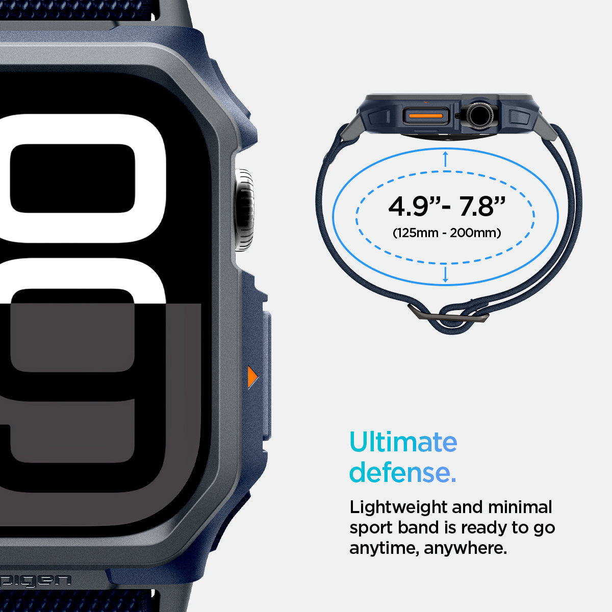 ACS08925 - Apple Watch 10 (46mm) Case Lite Fit Pro in Navy Blue showing the ultimate defense. Lightweight and minimal sport band is ready to go anytime, anywhere. 439"-7.8" (125mm-200mm)