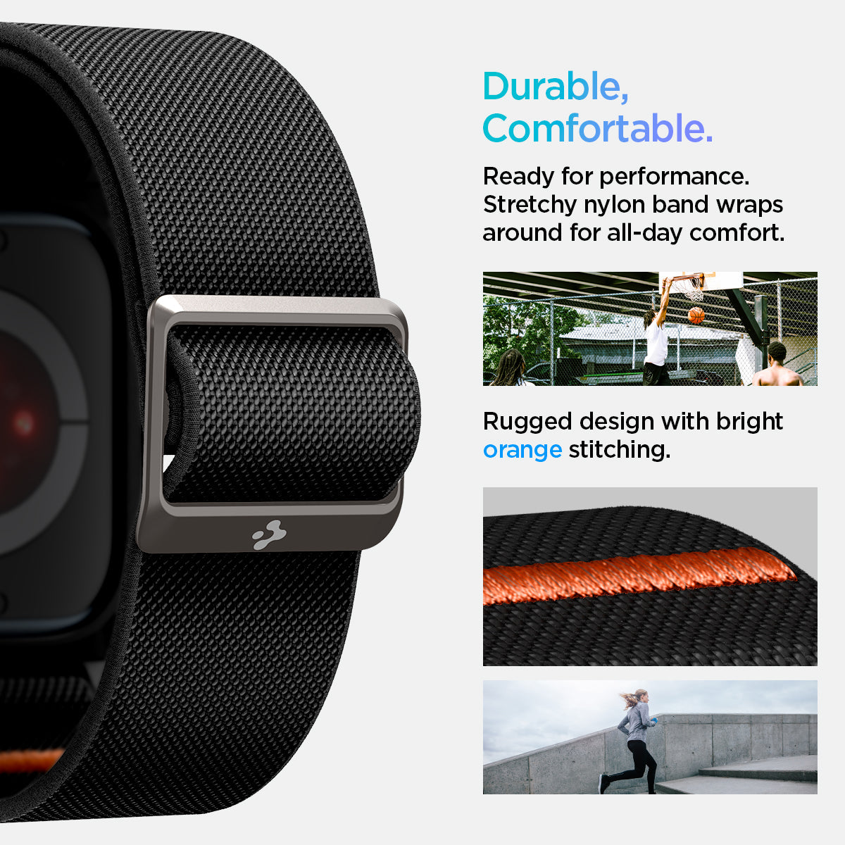 ACS08609 - Apple Watch (46mm) Case Lite Fit Pro in Matte Black showing the durable, comfortable. Ready for performance. Stretchy nylon band wraps around for all-day comfort. Rugged design with bright orange stitching